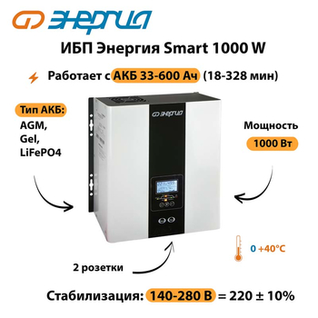 ИБП Энергия Smart 1000W - ИБП и АКБ - Энергия ИБП Smart - . Магазин оборудования для автономного и резервного электропитания Ekosolar.ru в Броннице